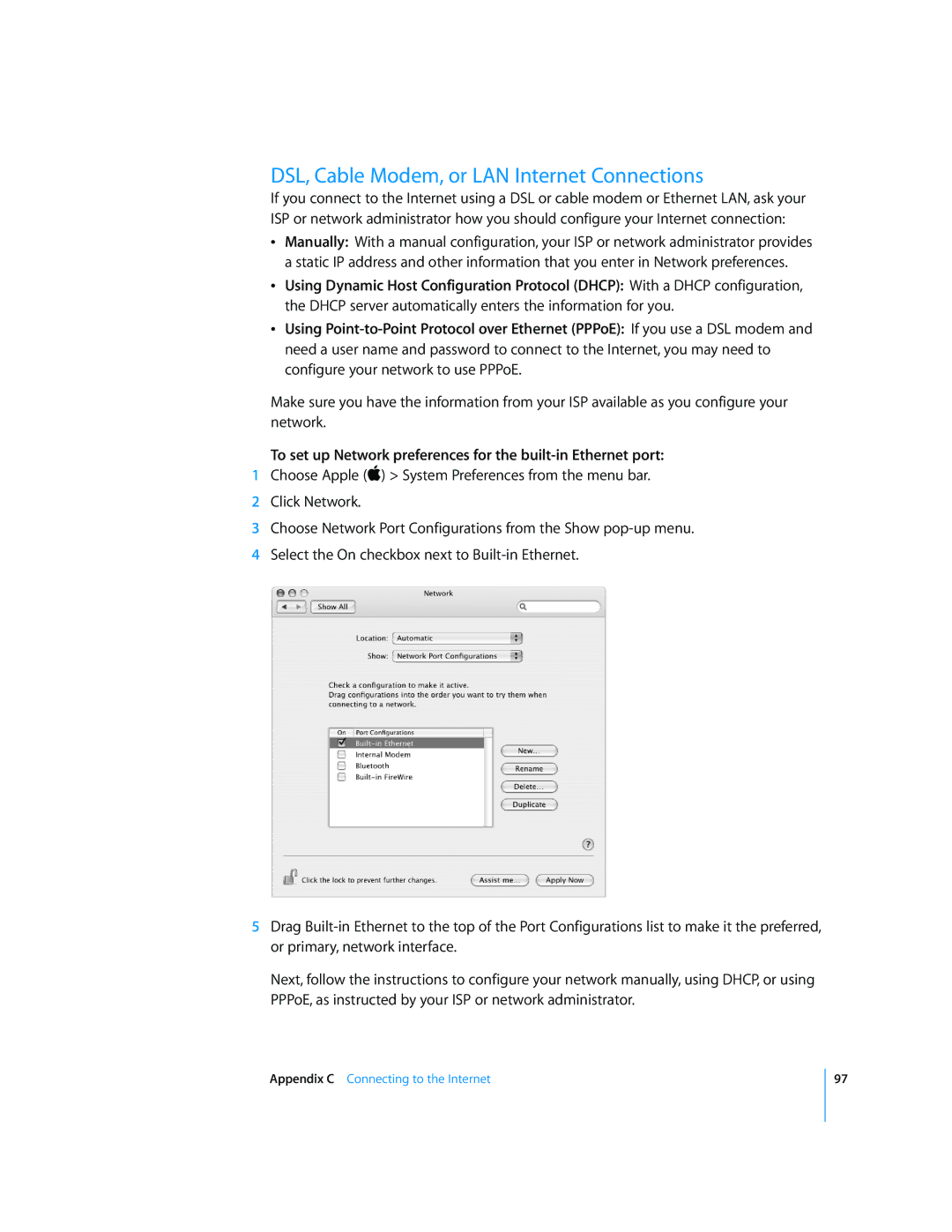 Apple G5 manual DSL, Cable Modem, or LAN Internet Connections, To set up Network preferences for the built-in Ethernet port 