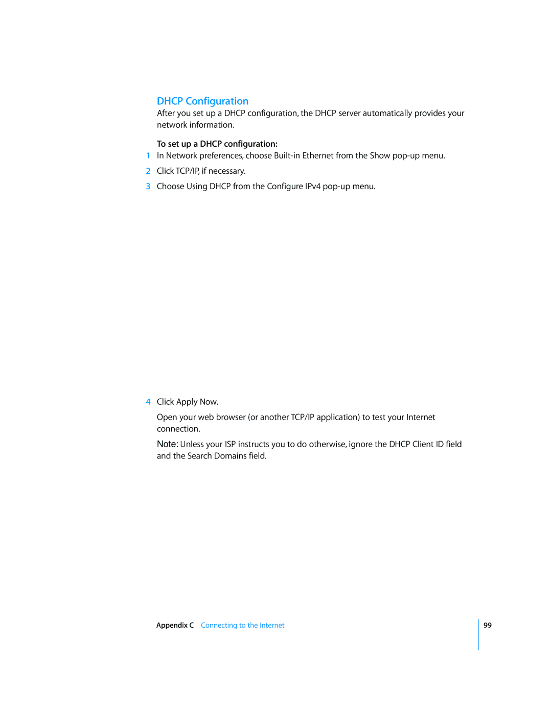 Apple G5 manual Dhcp Configuration, To set up a Dhcp configuration 