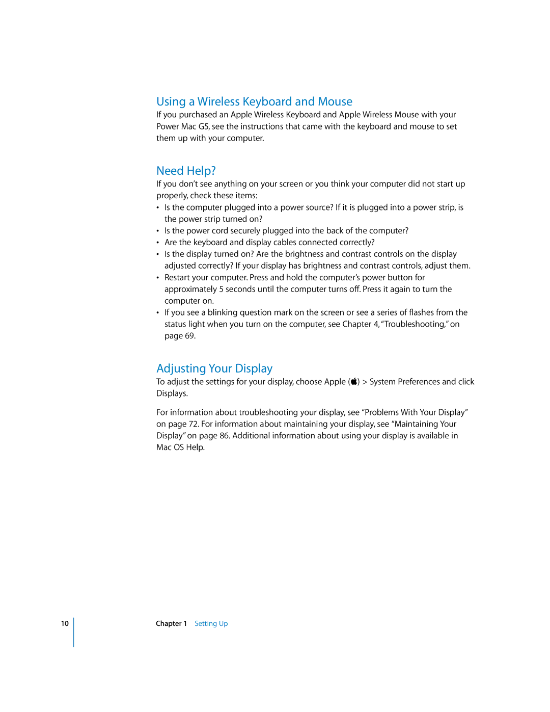 Apple G5 manual Using a Wireless Keyboard and Mouse, Need Help?, Adjusting Your Display 