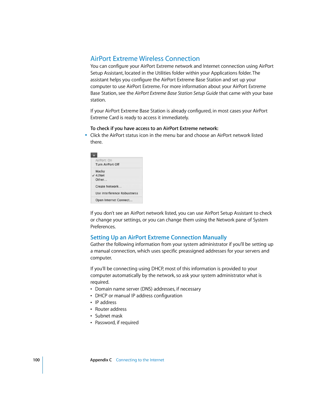 Apple G5 manual AirPort Extreme Wireless Connection, Setting Up an AirPort Extreme Connection Manually 