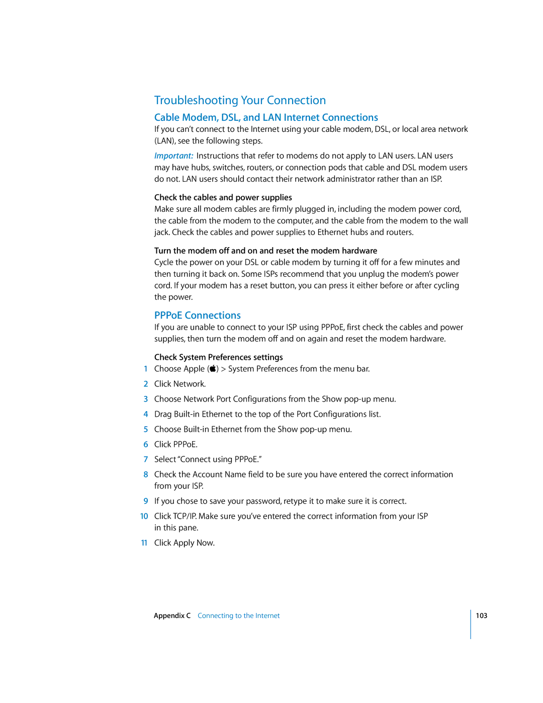 Apple G5 manual Troubleshooting Your Connection, Cable Modem, DSL, and LAN Internet Connections, PPPoE Connections 