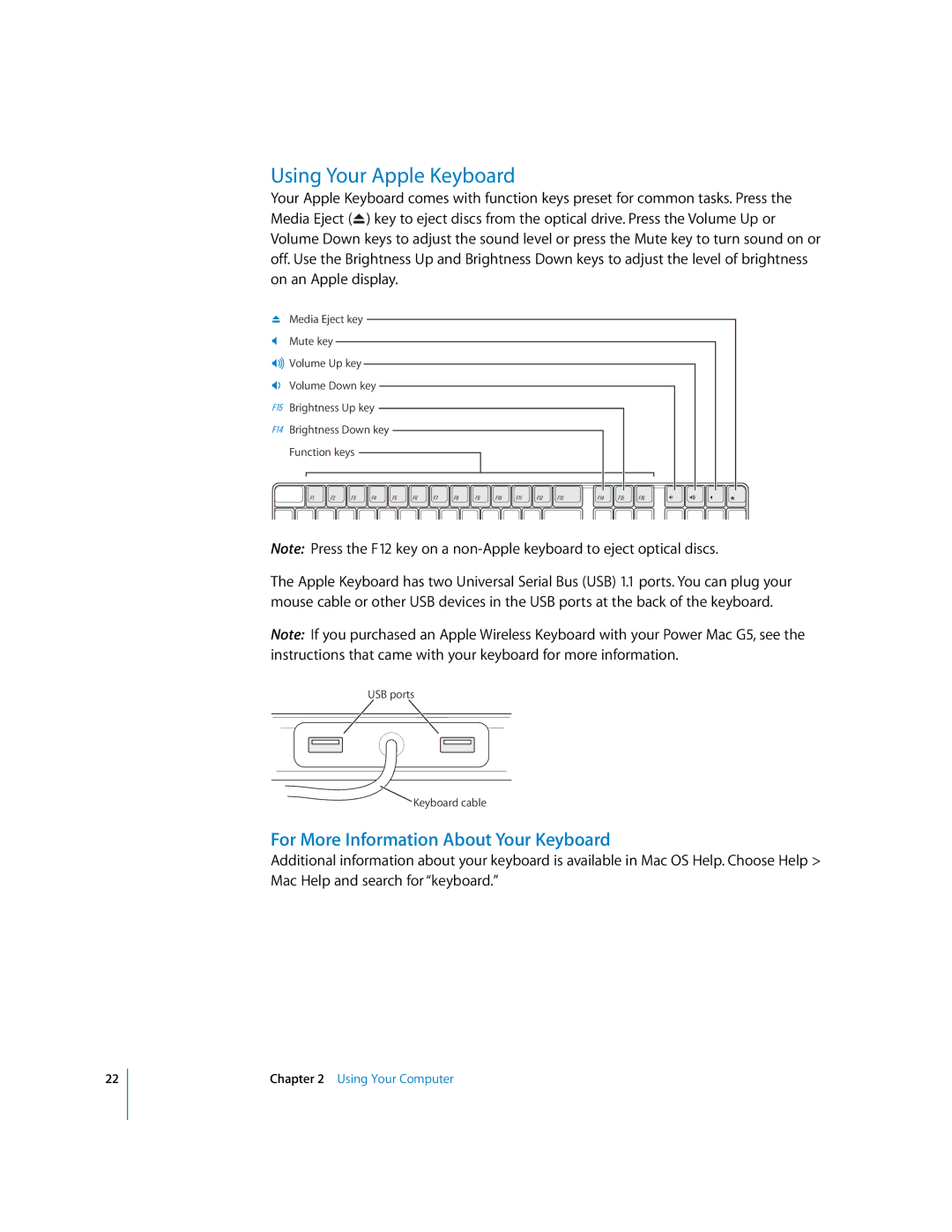 Apple G5 manual Using Your Apple Keyboard, For More Information About Your Keyboard 