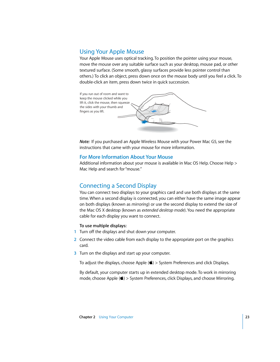 Apple G5 manual Using Your Apple Mouse, Connecting a Second Display, For More Information About Your Mouse 