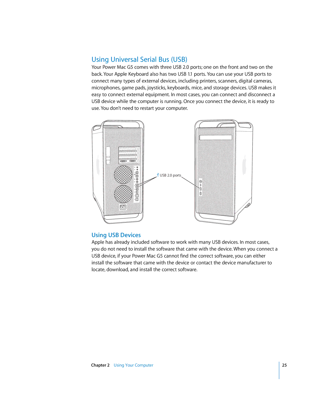 Apple G5 manual Using Universal Serial Bus USB, Using USB Devices 