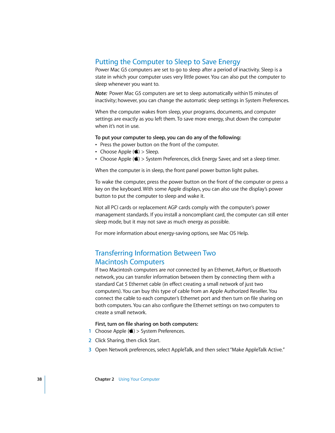 Apple G5 manual Putting the Computer to Sleep to Save Energy, Transferring Information Between Two Macintosh Computers 