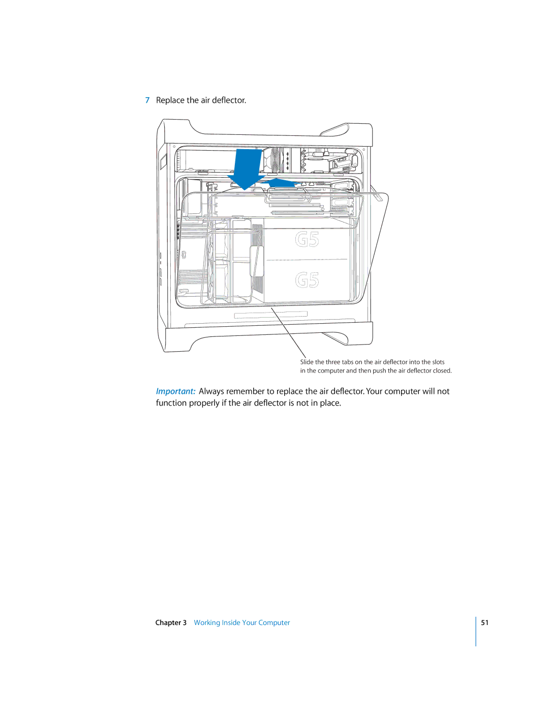 Apple G5 manual Replace the air deflector 