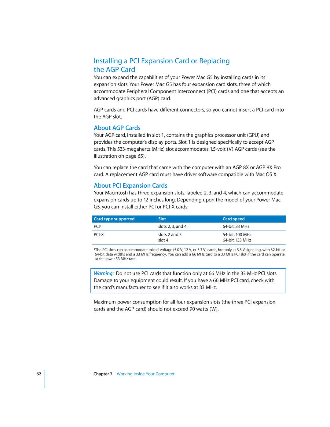 Apple G5 manual Installing a PCI Expansion Card or Replacing the AGP Card, About AGP Cards, About PCI Expansion Cards 