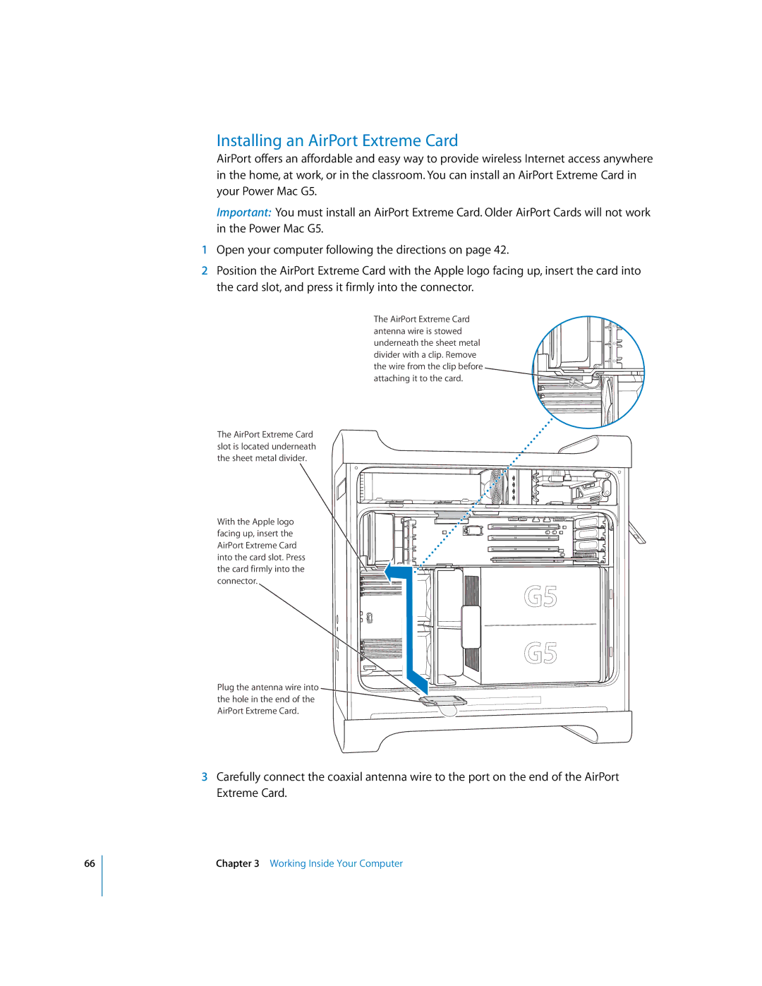 Apple G5 manual Installing an AirPort Extreme Card 