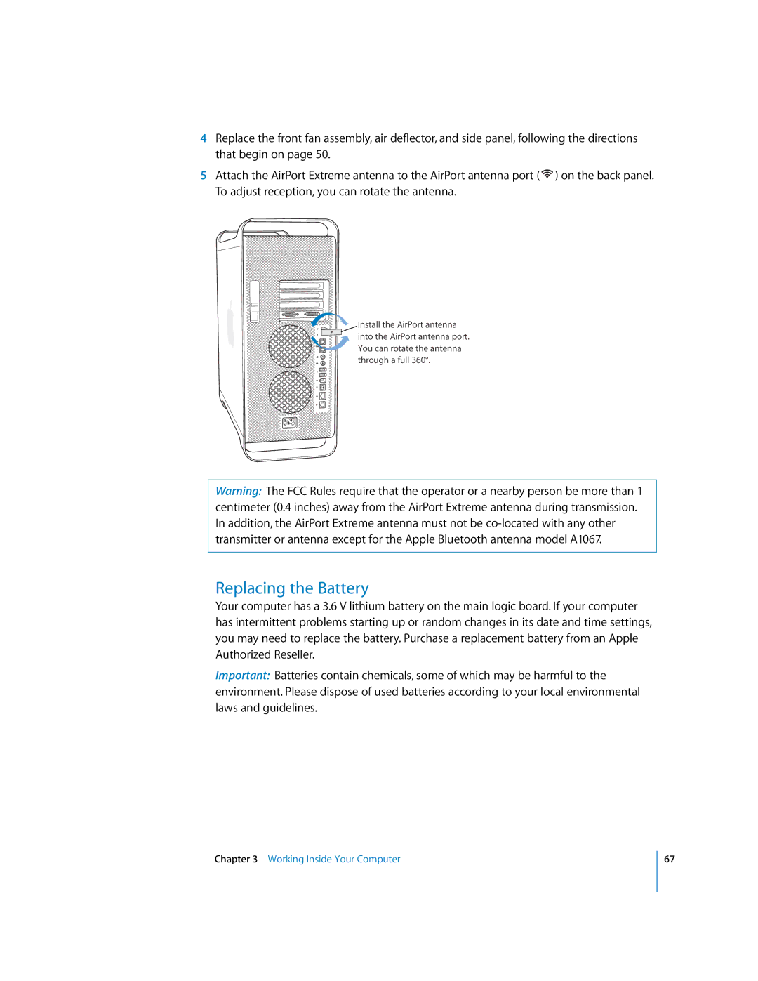 Apple G5 manual Replacing the Battery 