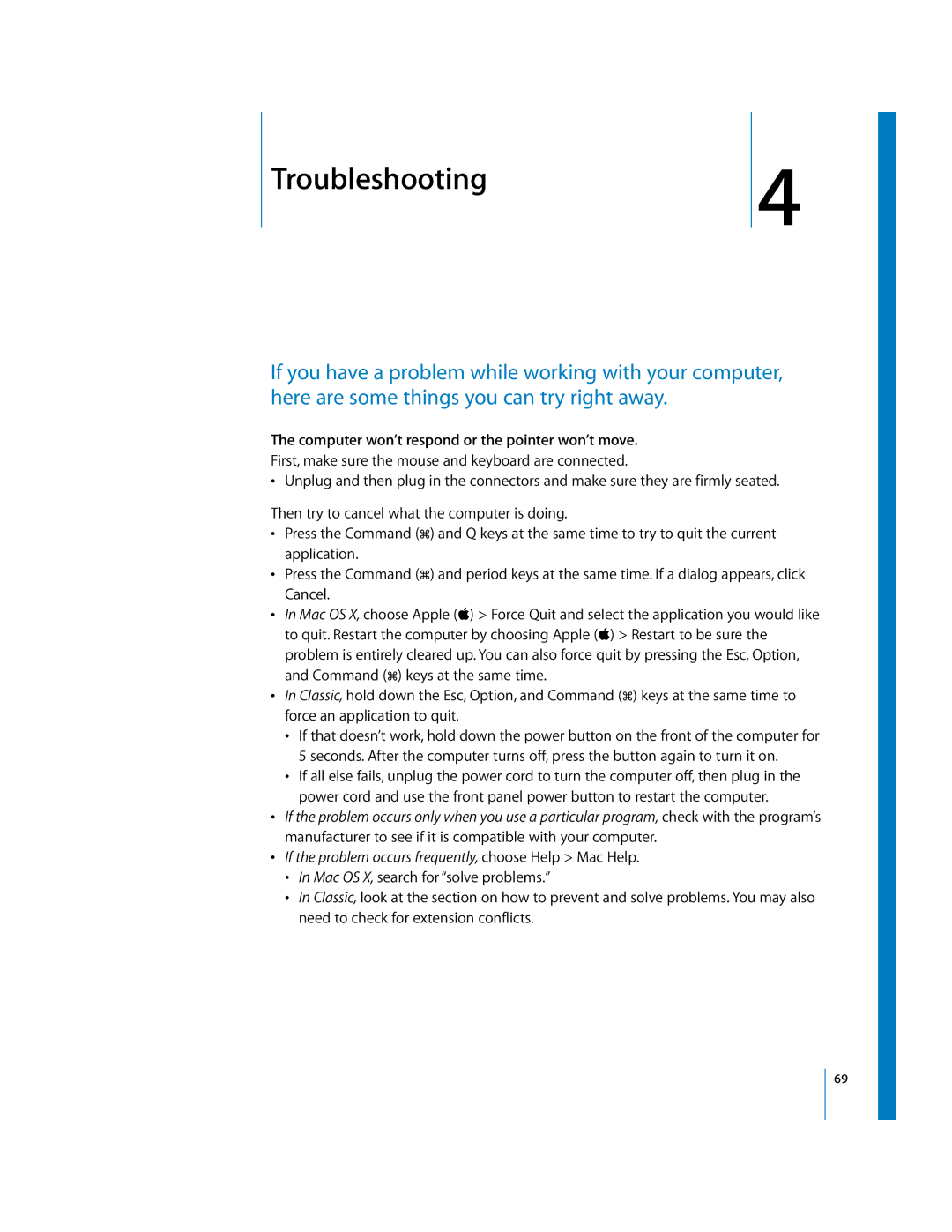 Apple G5 manual 4Troubleshooting, Computer won’t respond or the pointer won’t move 