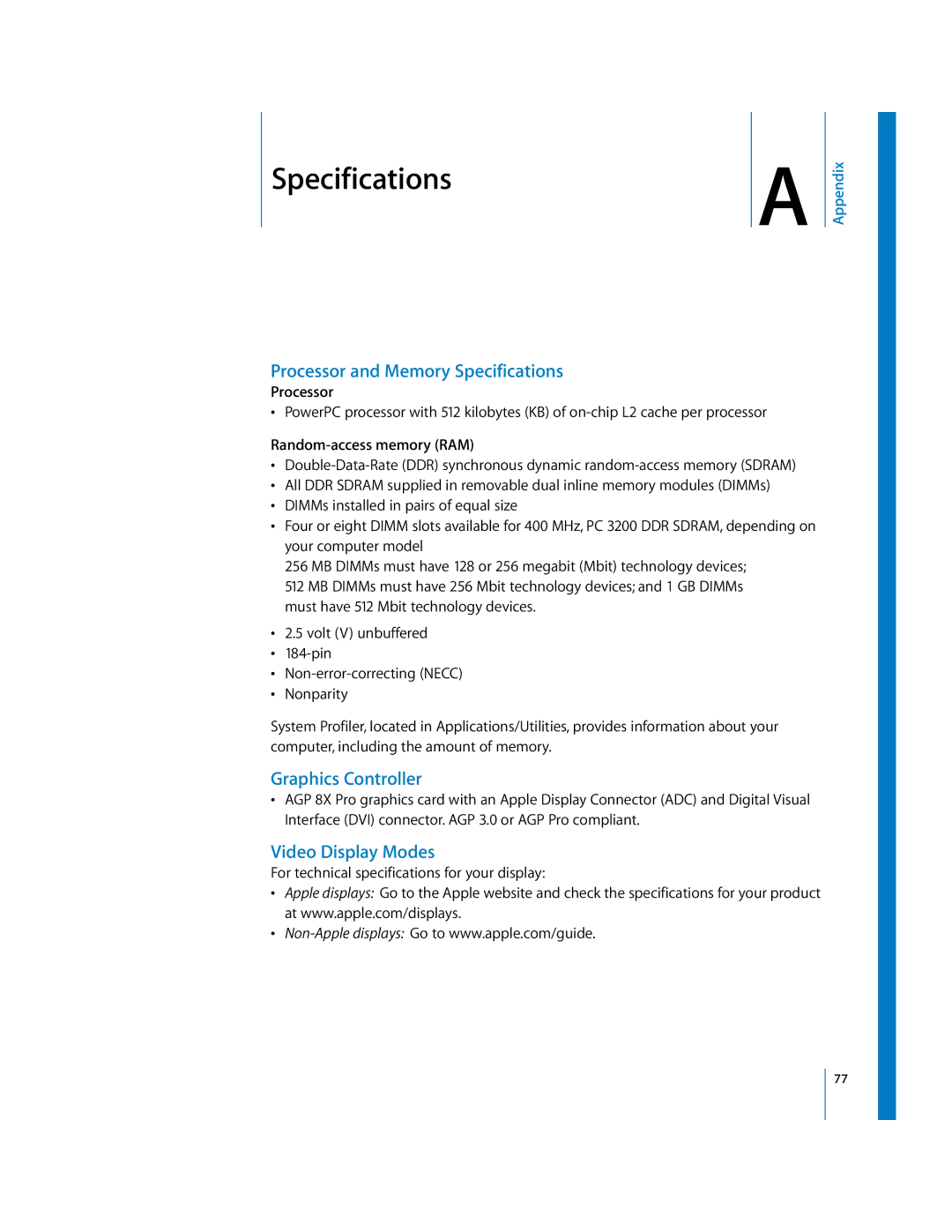 Apple G5 manual Processor and Memory Specifications, Graphics Controller, Video Display Modes, Random-access memory RAM 