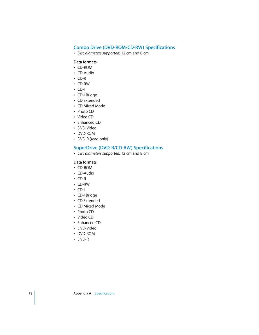 Apple G5 manual Combo Drive DVD-ROM/CD-RW Specifications, SuperDrive DVD-R/CD-RW Specifications, Data formats 