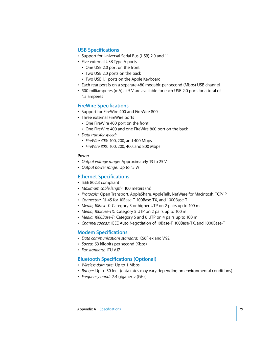 Apple G5 manual USB Specifications, FireWire Specifications, Ethernet Specifications, Modem Specifications 