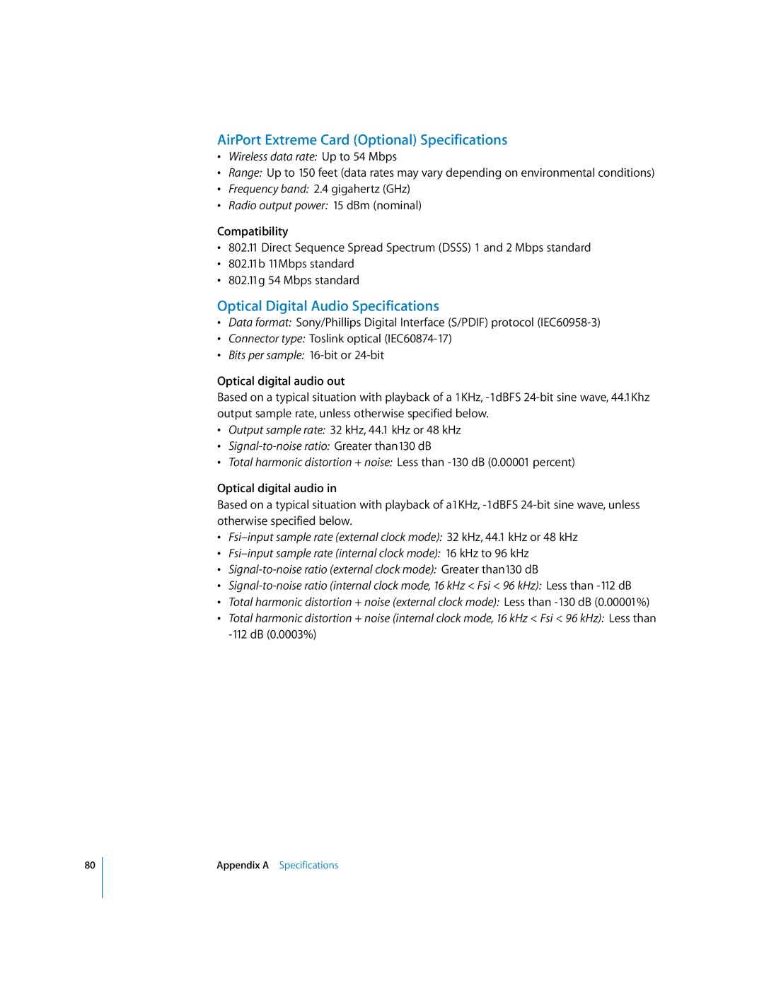 Apple G5 manual AirPort Extreme Card Optional Specifications, Optical Digital Audio Specifications, Compatibility 