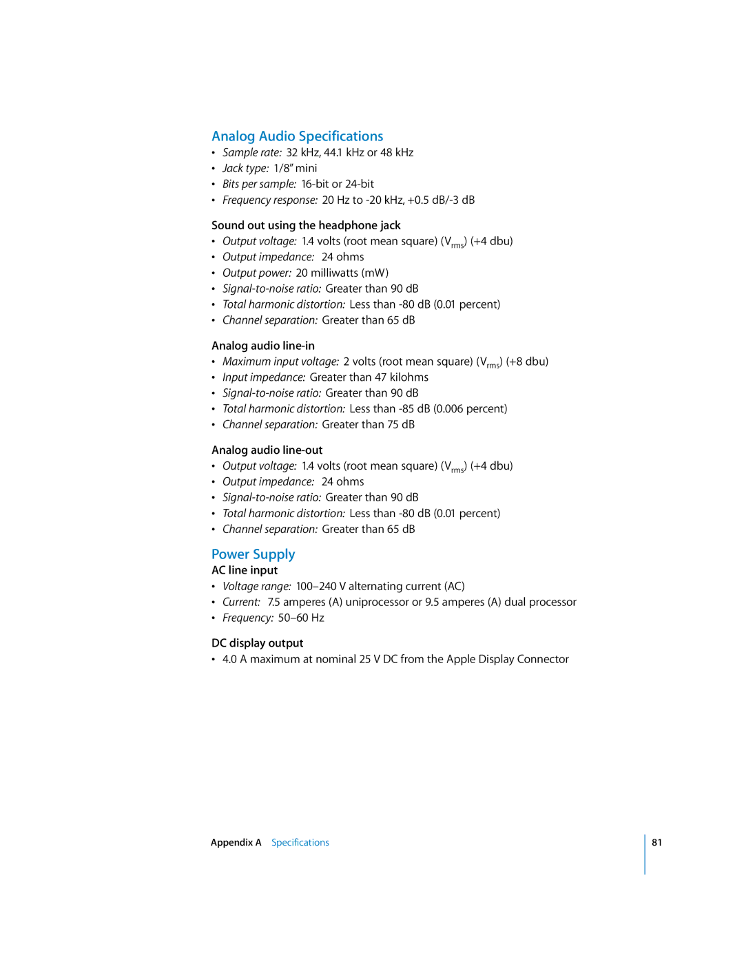 Apple G5 manual Analog Audio Specifications, Power Supply 