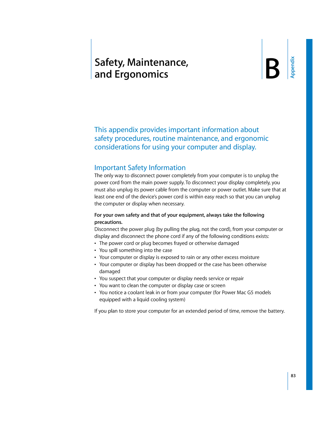 Apple G5 manual BSafety, Maintenance, Important Safety Information 