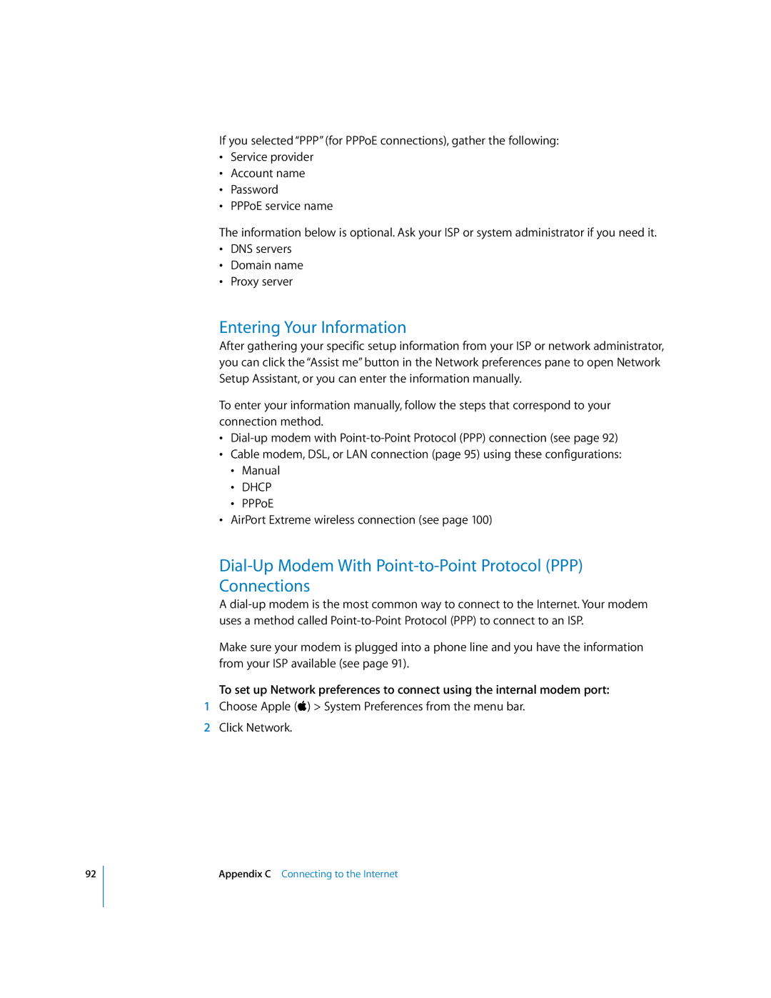 Apple G5 manual Entering Your Information, Dial-Up Modem With Point-to-Point Protocol PPP Connections 