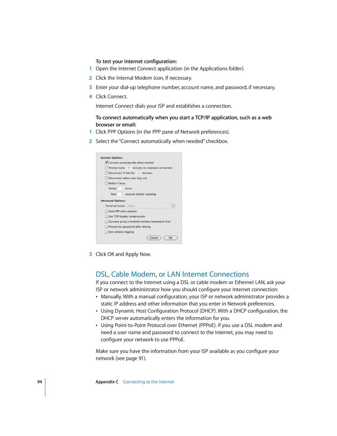 Apple G5 manual DSL, Cable Modem, or LAN Internet Connections, To test your Internet configuration 