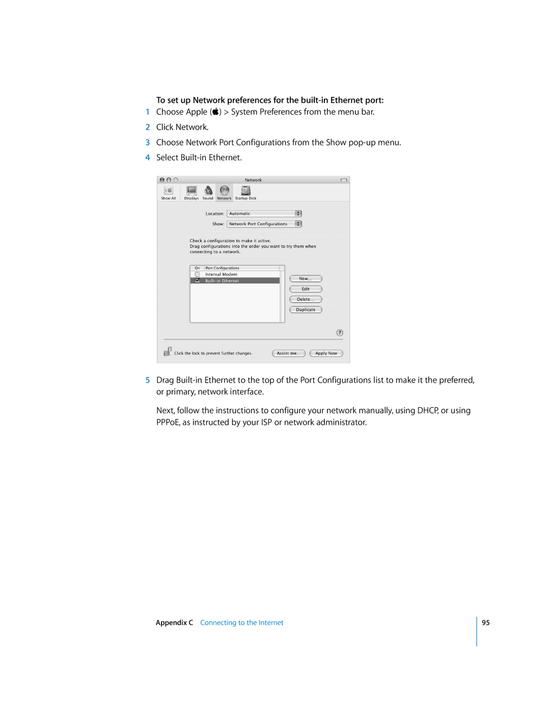 Apple G5 manual To set up Network preferences for the built-in Ethernet port 