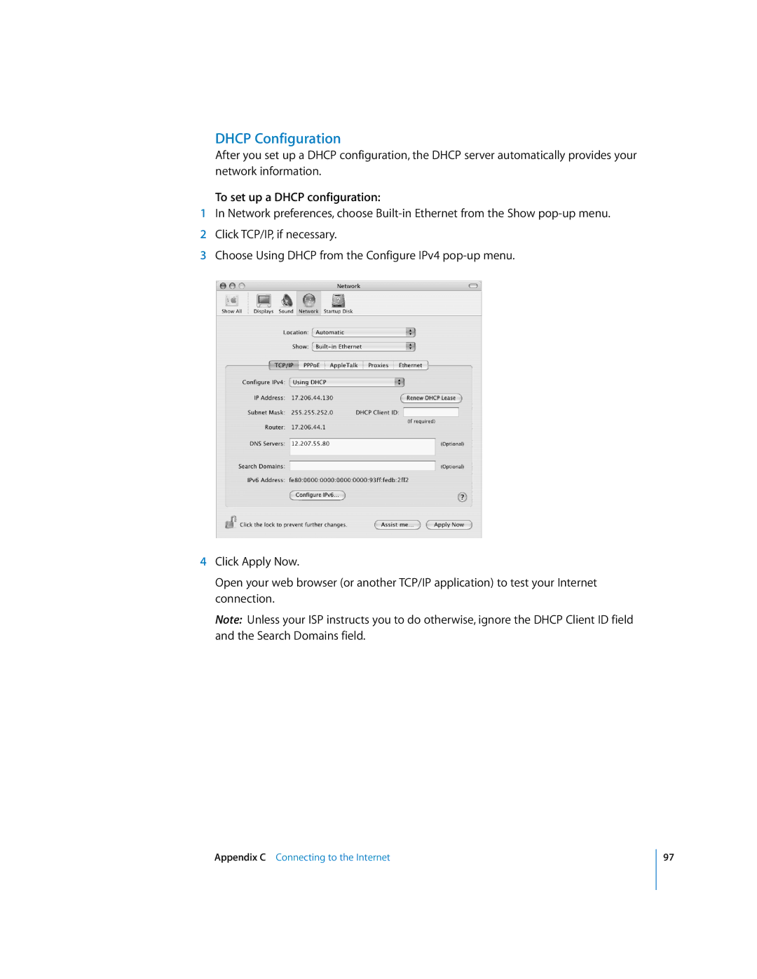 Apple G5 manual Dhcp Configuration, To set up a Dhcp configuration 