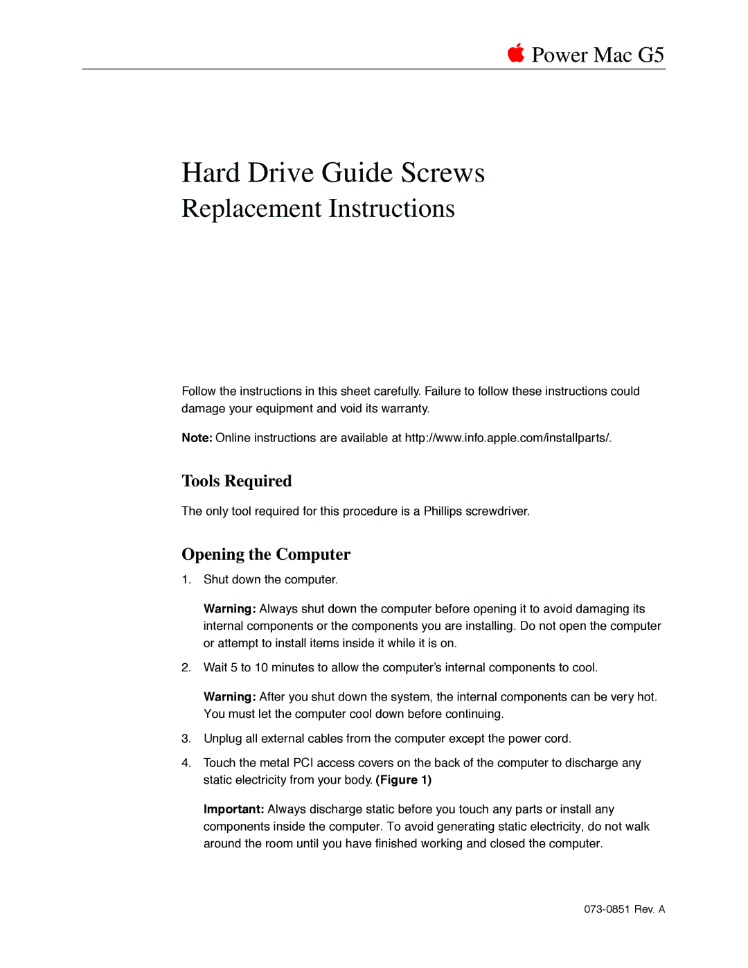 Apple G5 warranty Tools Required, Part Location 