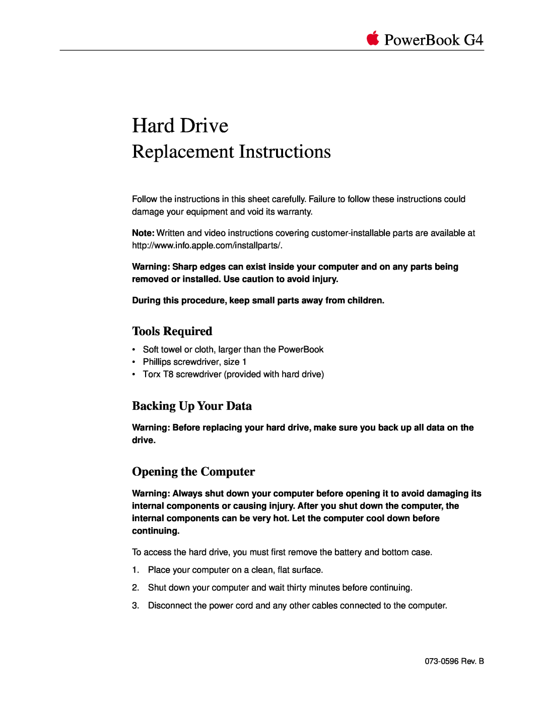 Apple Hard Drive warranty Tools Required, Backing Up Your Data, Opening the Computer, Replacement Instructions 