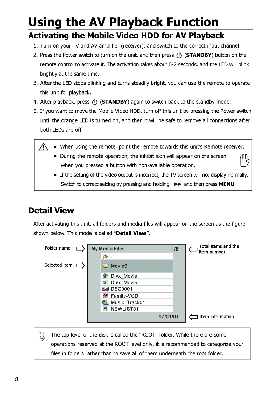 Apple HV356T user manual Activating the Mobile Video HDD for AV Playback, Detail View 