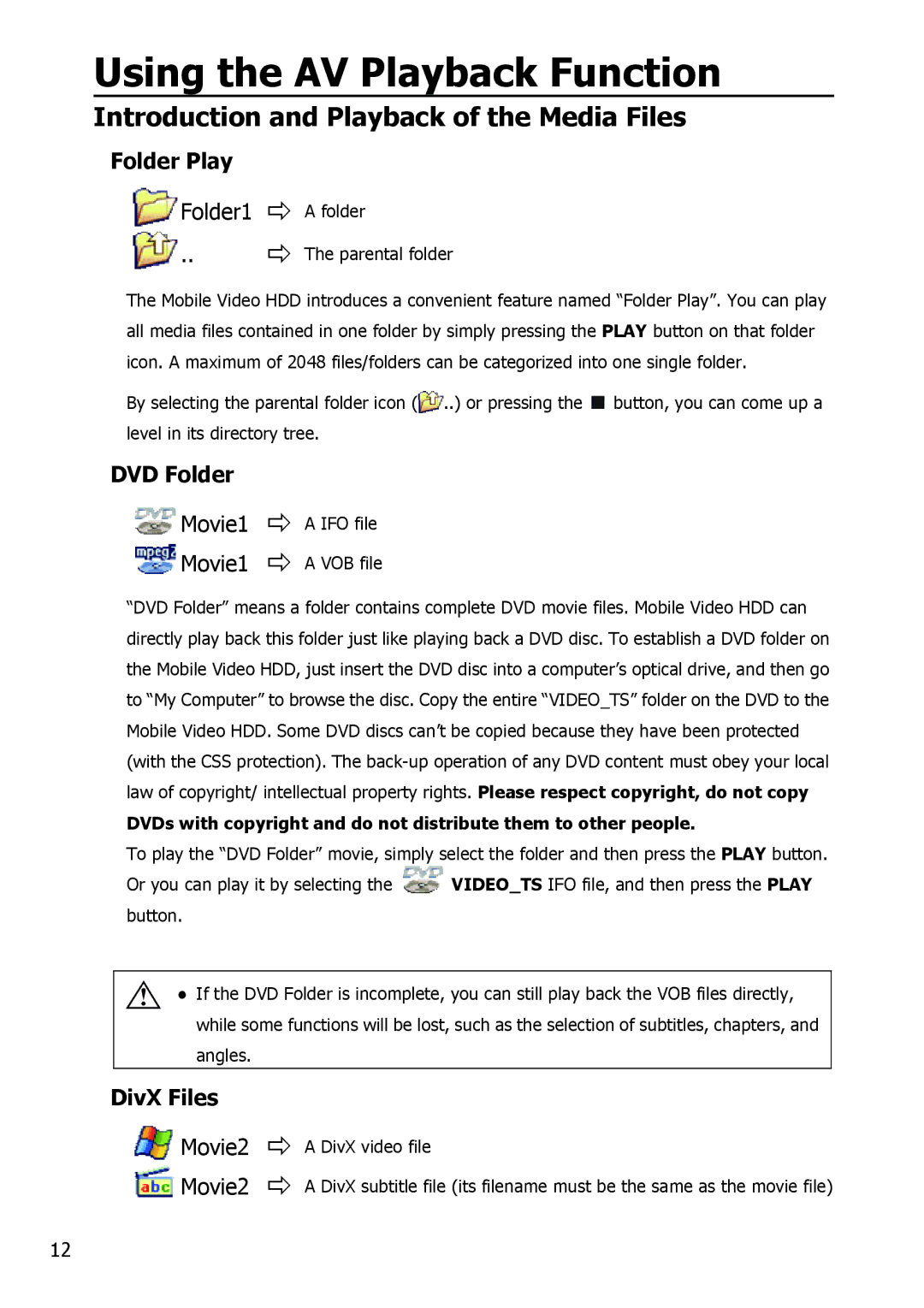 Apple HV356T user manual Introduction and Playback of the Media Files, Folder Play, DVD Folder, DivX Files 