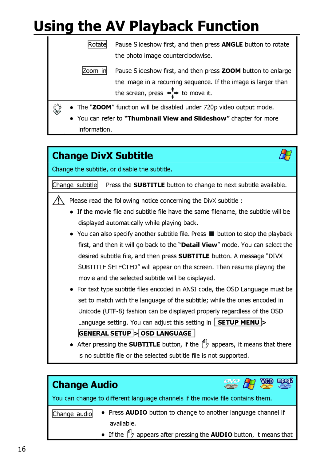 Apple HV356T user manual Change DivX Subtitle, Change Audio 