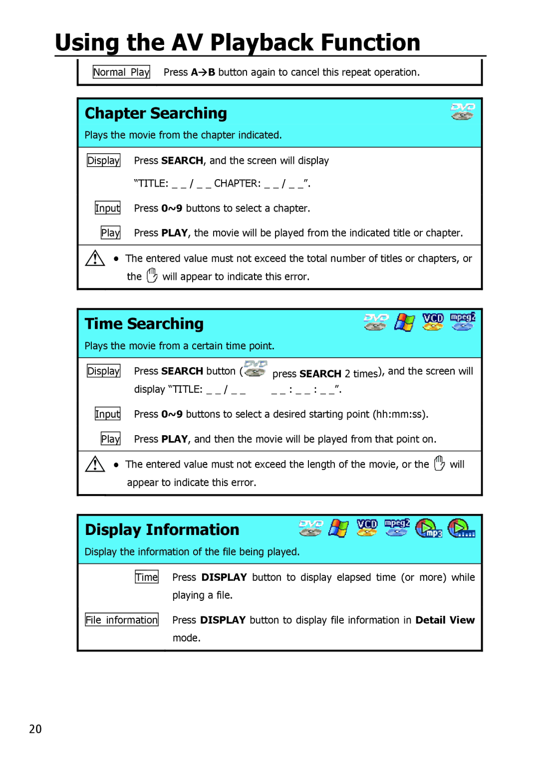 Apple HV356T user manual Chapter Searching, Time Searching, Display Information 