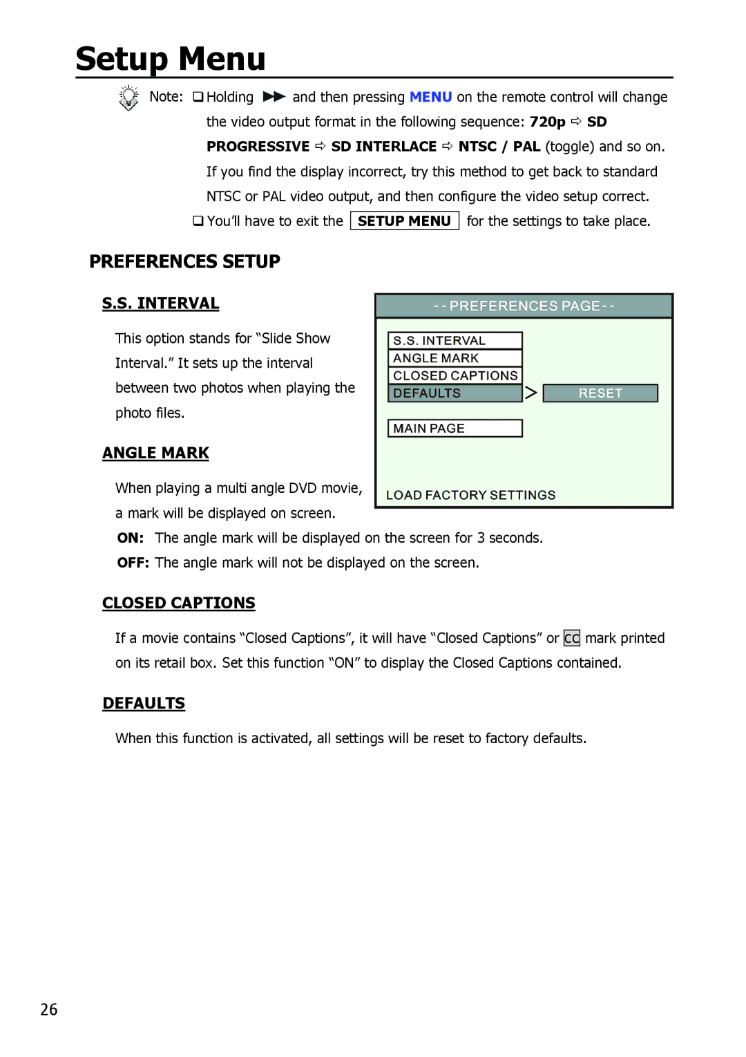 Apple HV356T user manual Preferences Setup 