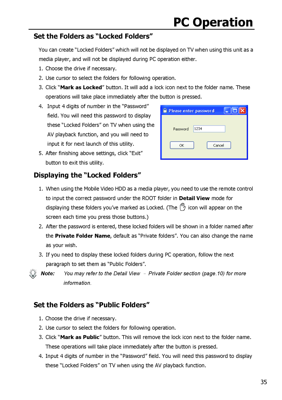 Apple HV356T Set the Folders as Locked Folders, Displaying the Locked Folders, Set the Folders as Public Folders 