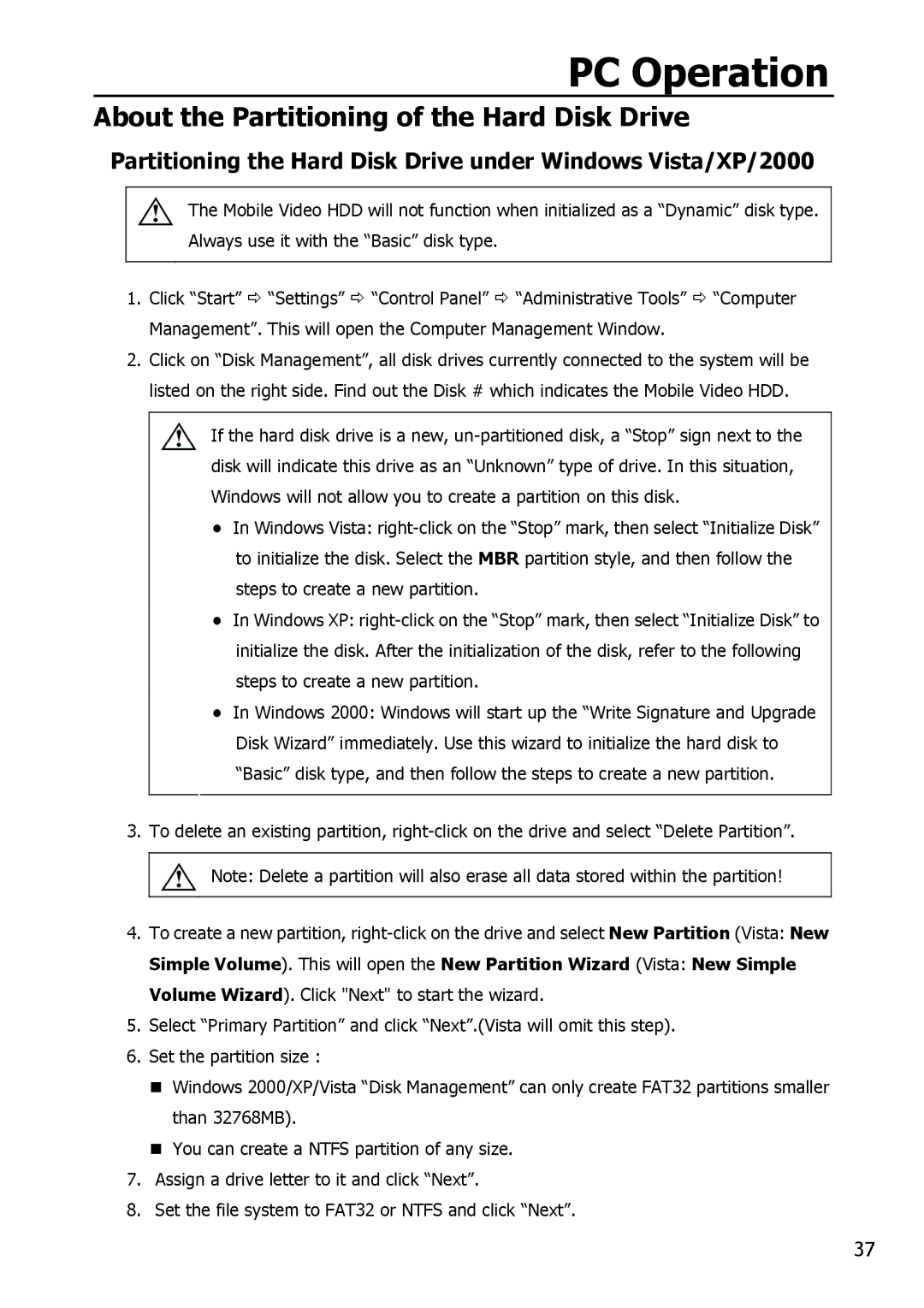 Apple HV356T About the Partitioning of the Hard Disk Drive, Partitioning the Hard Disk Drive under Windows Vista/XP/2000 