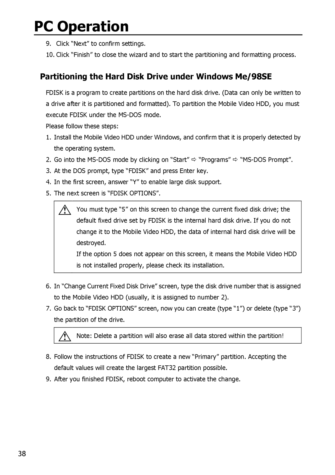 Apple HV356T user manual Partitioning the Hard Disk Drive under Windows Me/98SE 