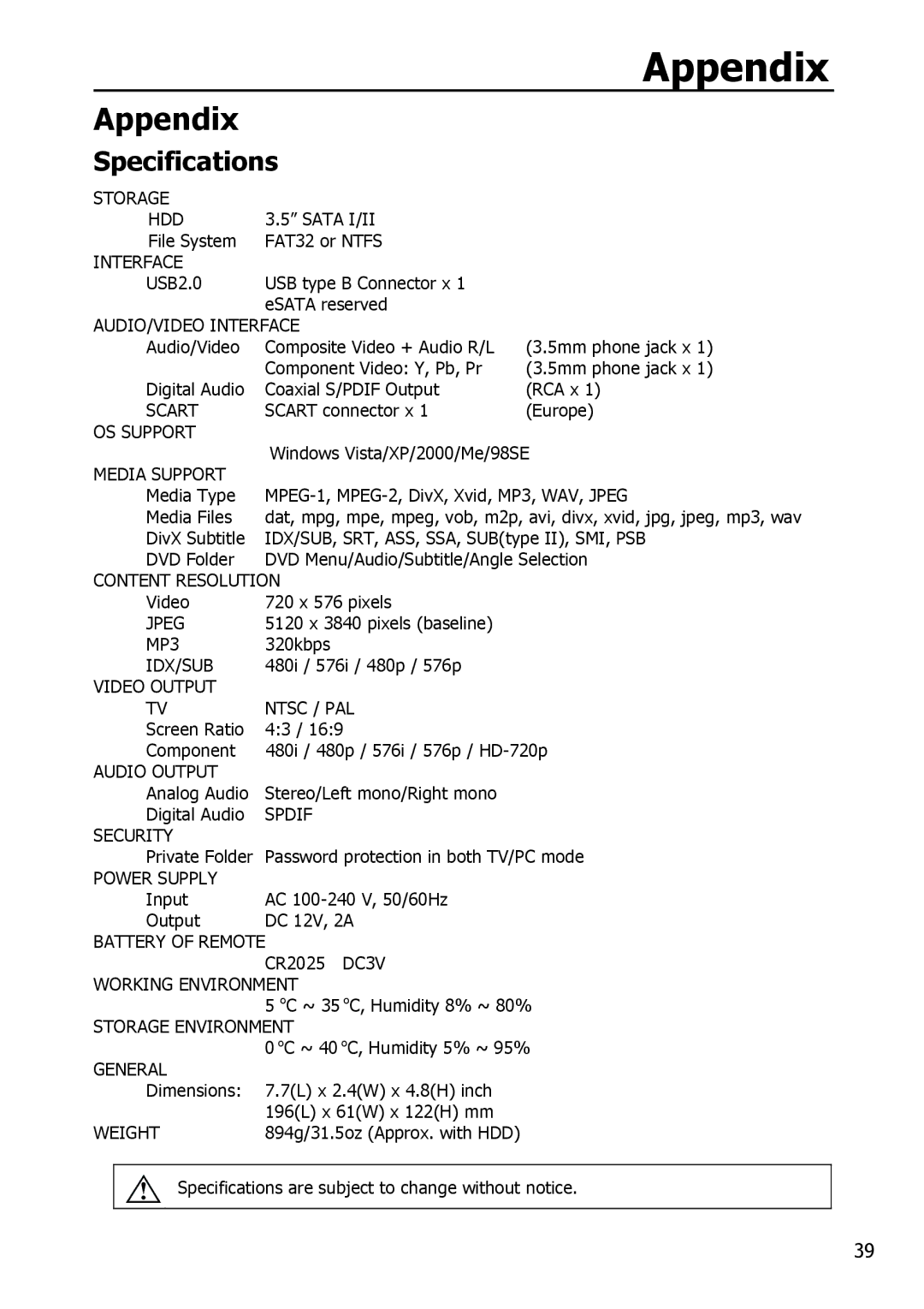 Apple HV356T user manual Appendix, Specifications 