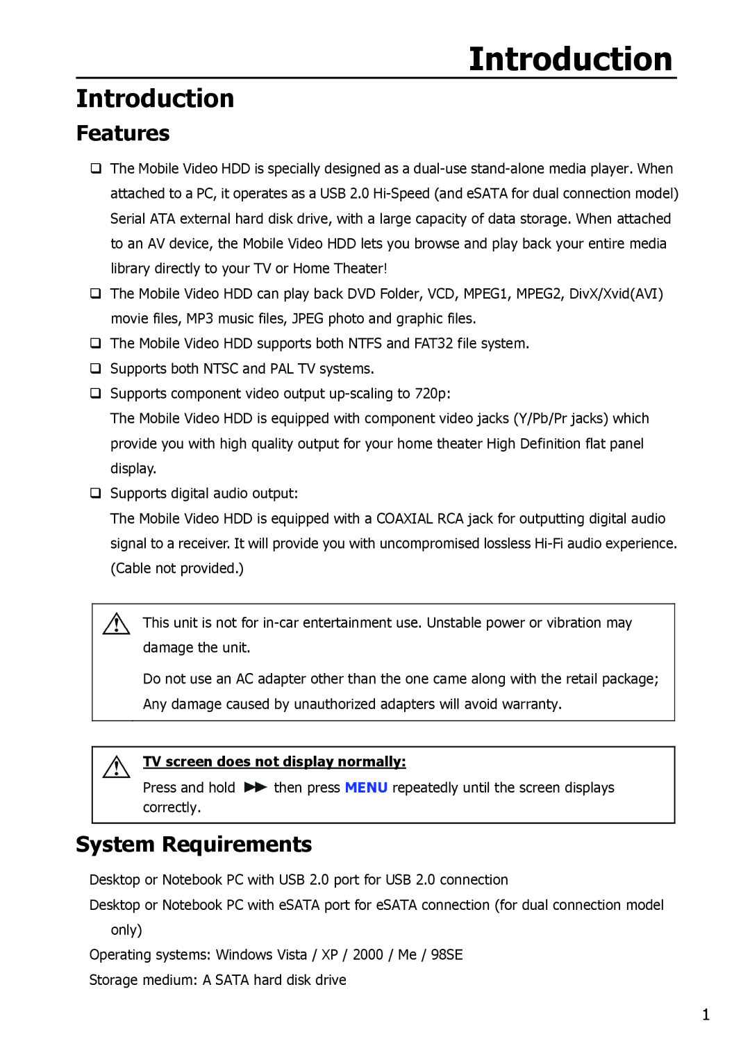 Apple HV356T user manual Introduction, Features, System Requirements, TV screen does not display normally 