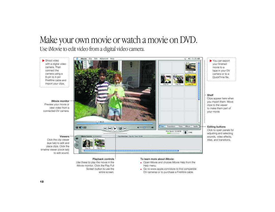 Apple I Book G3 manual Make your own movie or watch a movie on DVD, Use iMovie to edit video from a digital video camera 