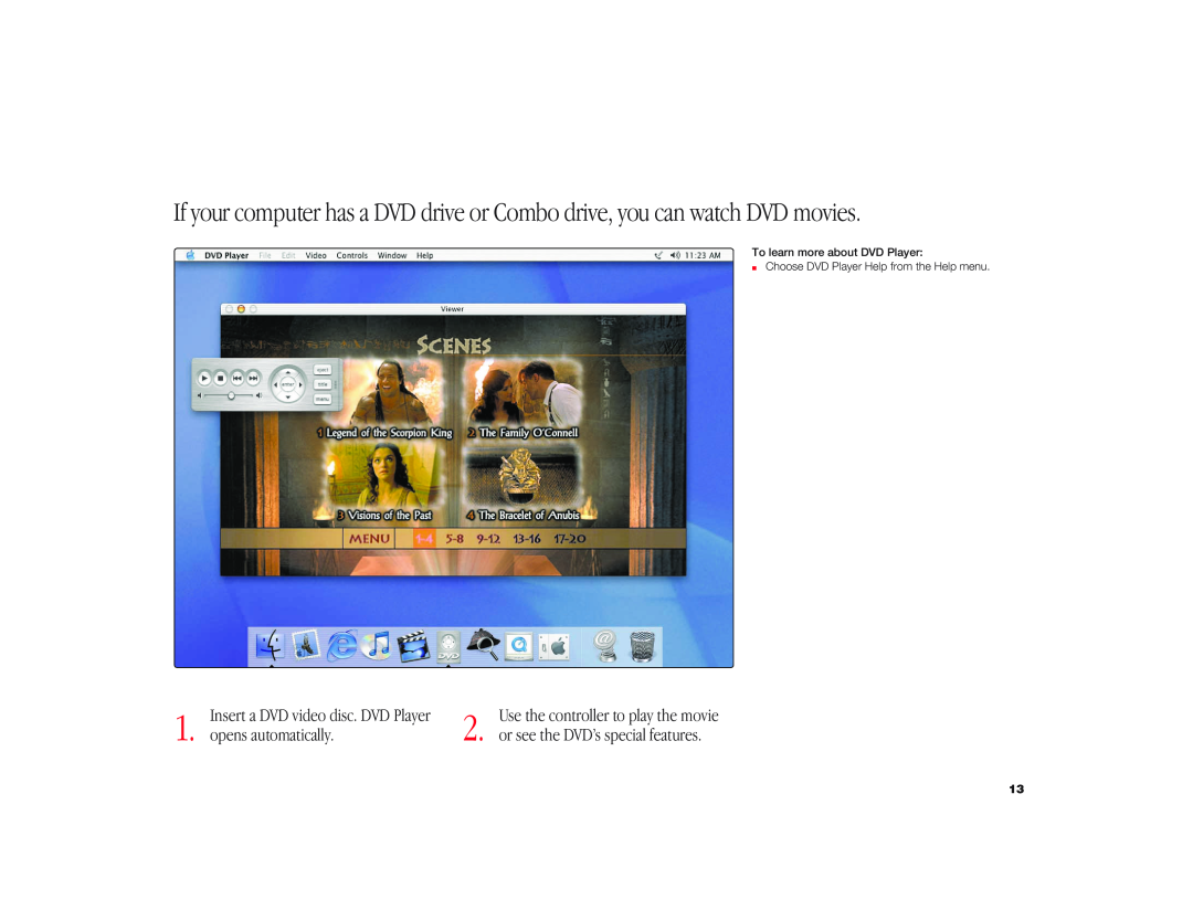 Apple I Book G3 manual opens automatically, Insert a DVD video disc. DVD Player, Use the controller to play the movie 