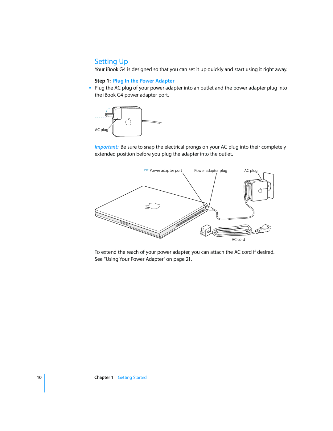 Apple iBook G4 manual Setting Up, Plug In the Power Adapter 