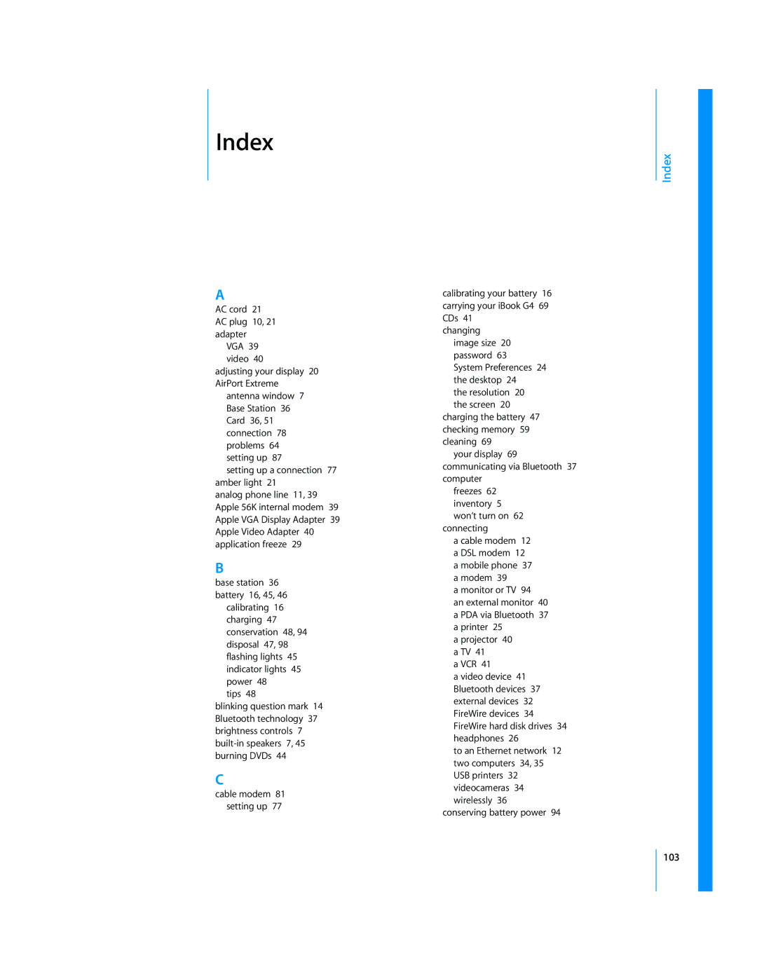 Apple iBook G4 manual Index, 103 