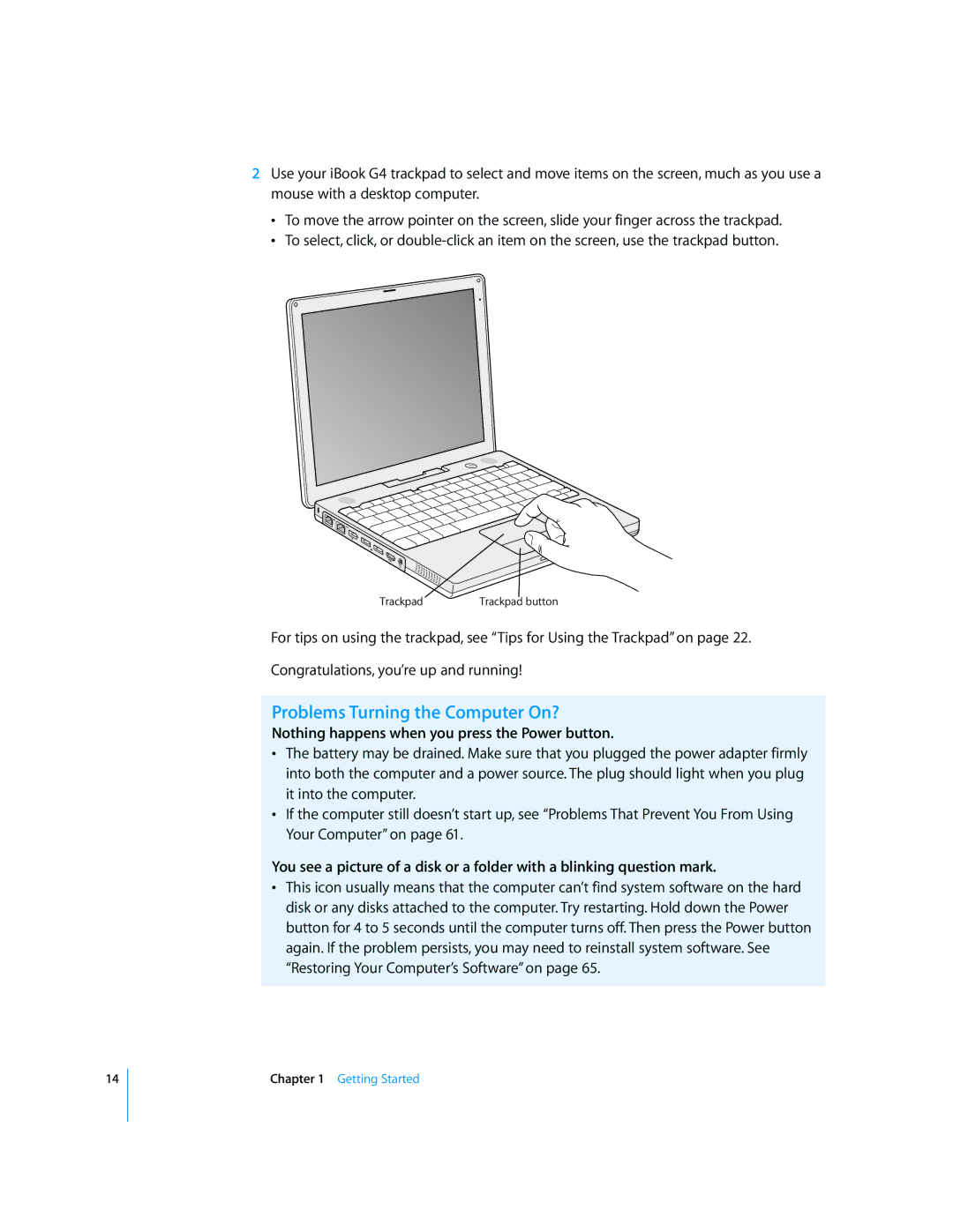 Apple iBook G4 manual Problems Turning the Computer On?, Nothing happens when you press the Power button 