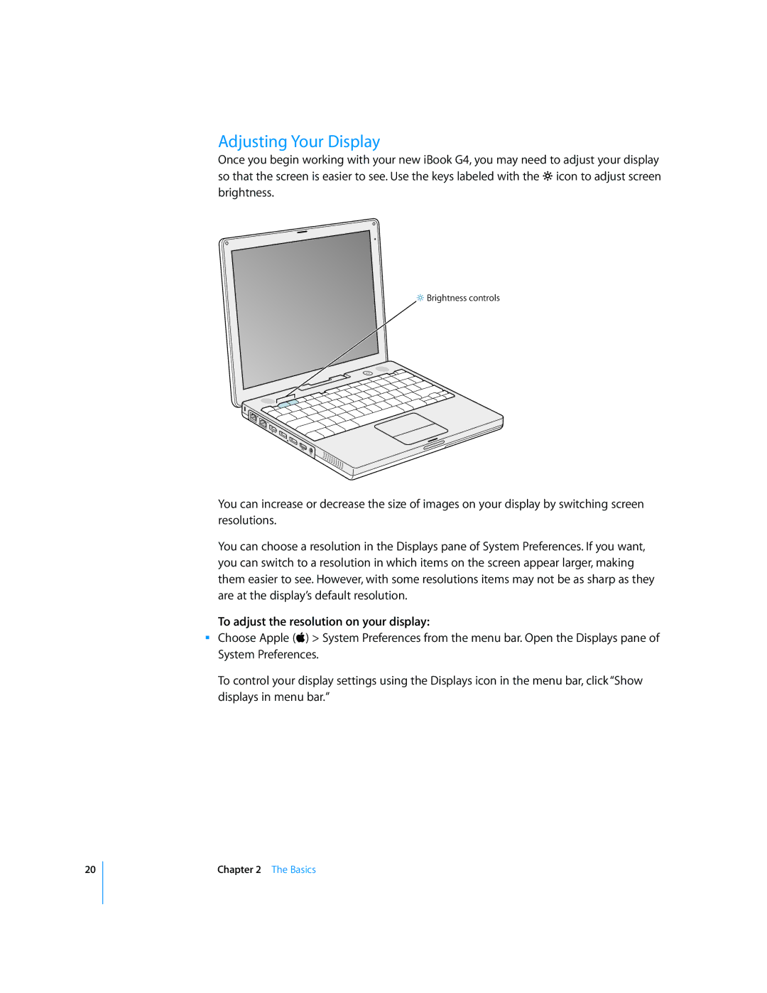 Apple iBook G4 manual Adjusting Your Display, To adjust the resolution on your display, Basics 