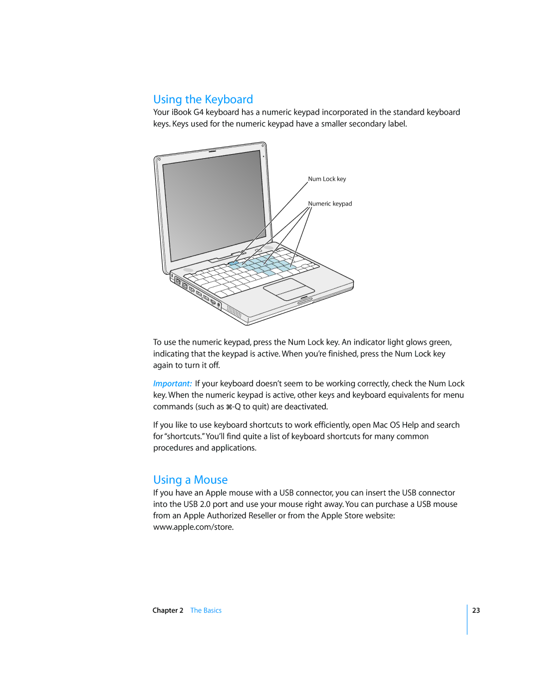 Apple iBook G4 manual Using the Keyboard, Using a Mouse 