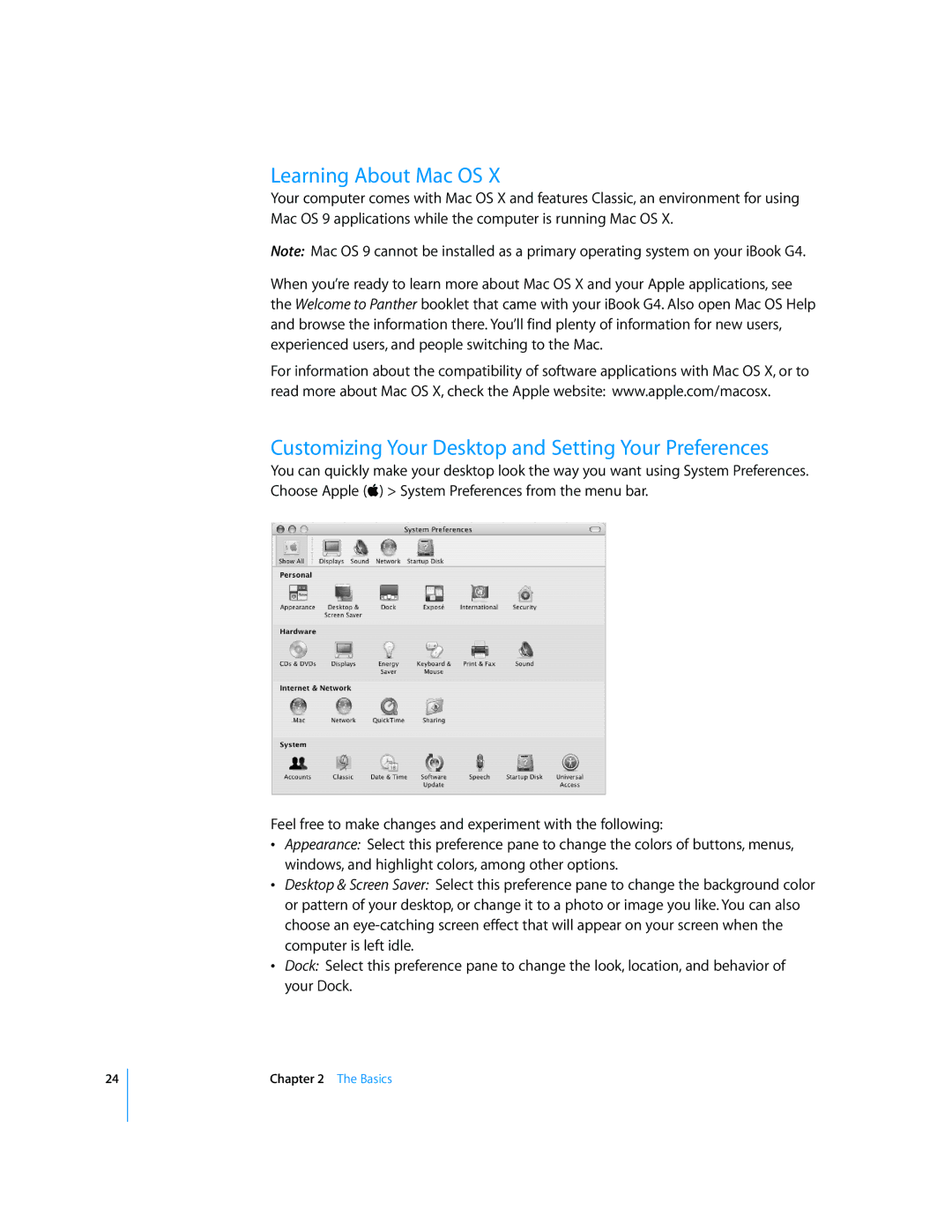 Apple iBook G4 manual Learning About Mac OS, Customizing Your Desktop and Setting Your Preferences 