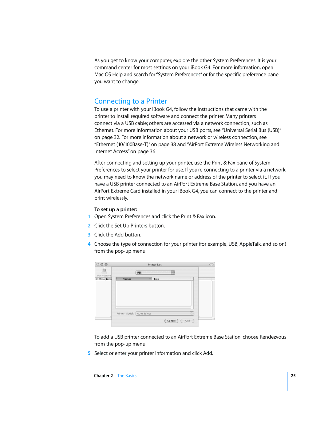 Apple iBook G4 manual Connecting to a Printer, To set up a printer 