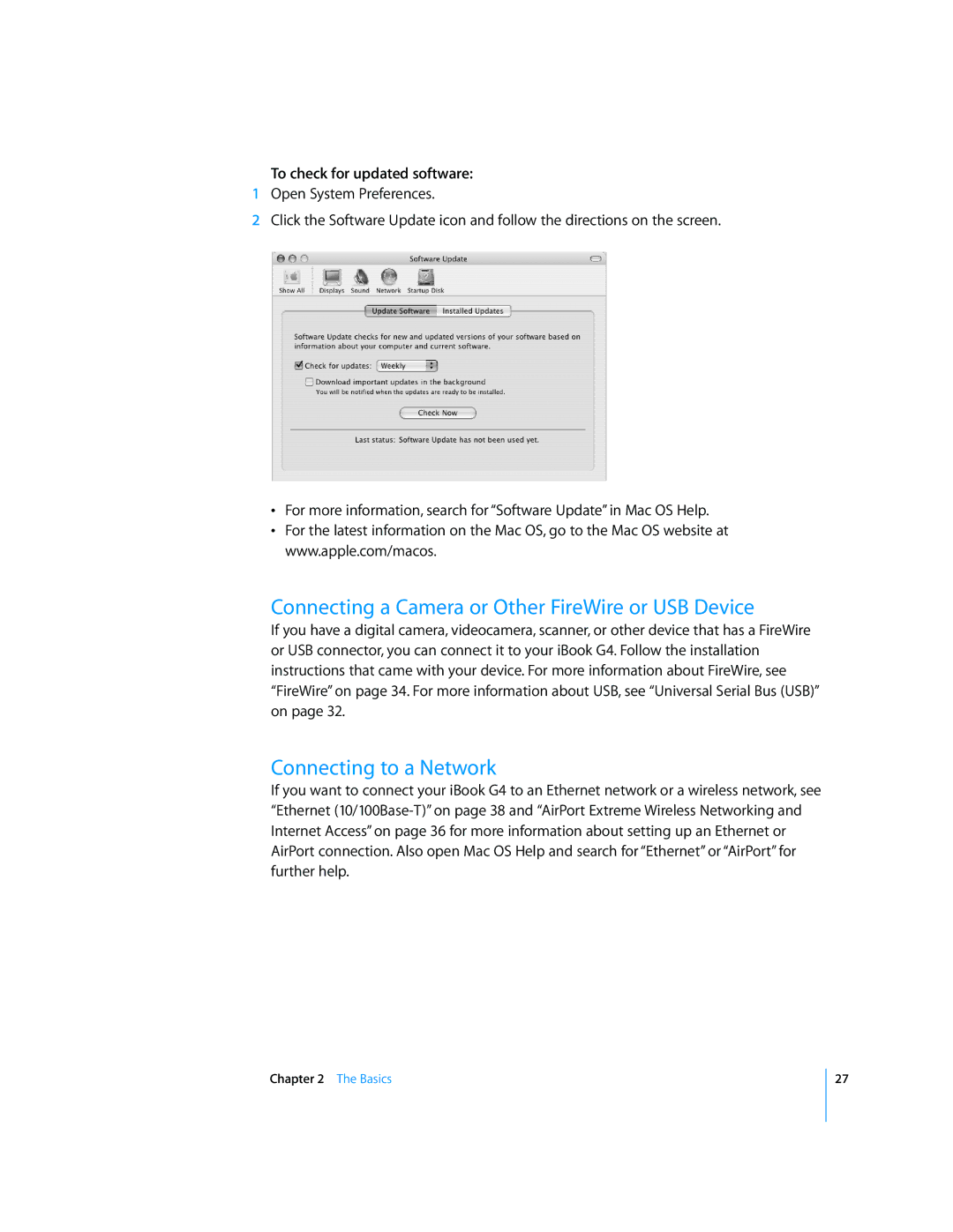 Apple iBook G4 Connecting a Camera or Other FireWire or USB Device, Connecting to a Network, To check for updated software 