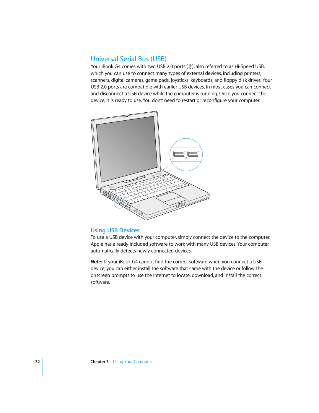 Apple iBook G4 manual Universal Serial Bus USB, Using USB Devices 