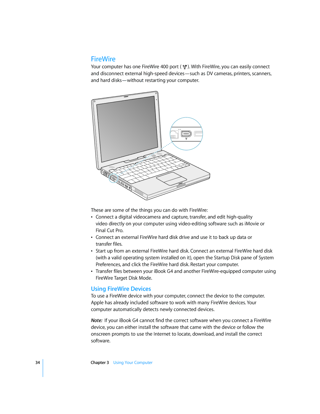 Apple iBook G4 manual Using FireWire Devices 