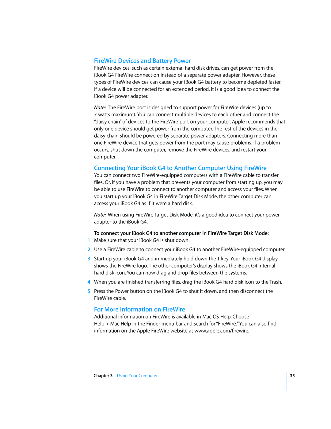 Apple manual FireWire Devices and Battery Power, Connecting Your iBook G4 to Another Computer Using FireWire 