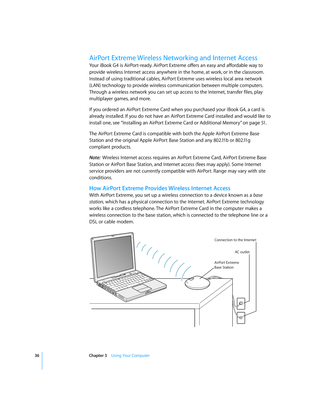 Apple iBook G4 manual AirPort Extreme Wireless Networking and Internet Access 